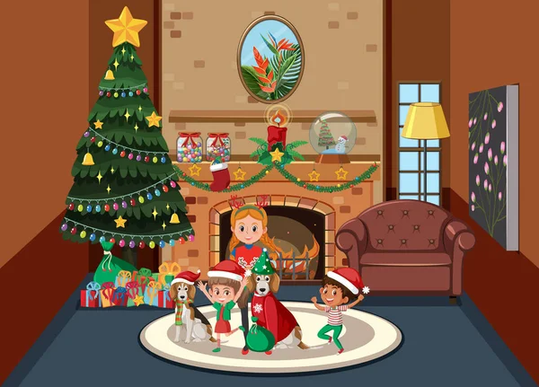 Julsemester Med Glada Barn Hemma Illustration — Stock vektor