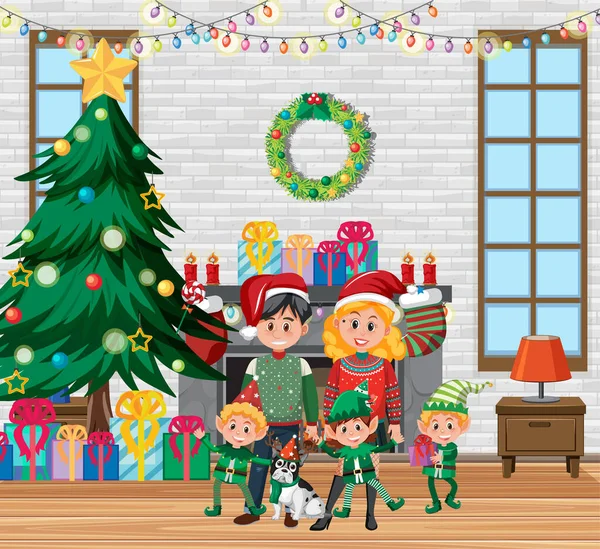 Familia Día Navidad Con Muchos Regalos Ilustración — Vector de stock