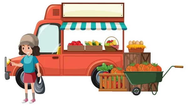 Woman Buying Vegetables Flea Market Illustration — ストックベクタ