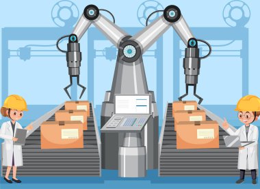 Montaj hattı robotlarıyla otomasyon endüstrisi kavramı