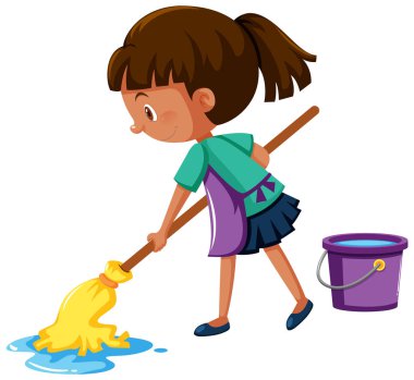 Beyaz arkaplan illüstrasyonunda yerleri paspaslayan kız