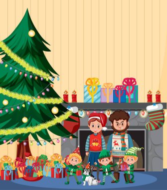 Noel günü aile Noel ağacı illüstrasyonuyla