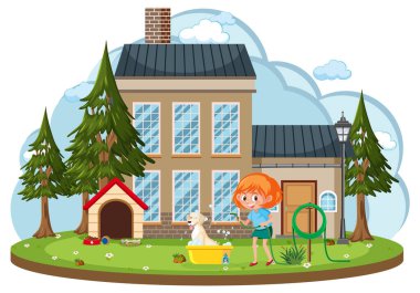 Çizgi film çizimlerinin önünde köpeğini yıkayan bir kız.