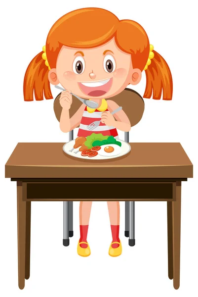 Lindo Personaje Dibujos Animados Chica Comiendo Ilustración Desayuno — Archivo Imágenes Vectoriales