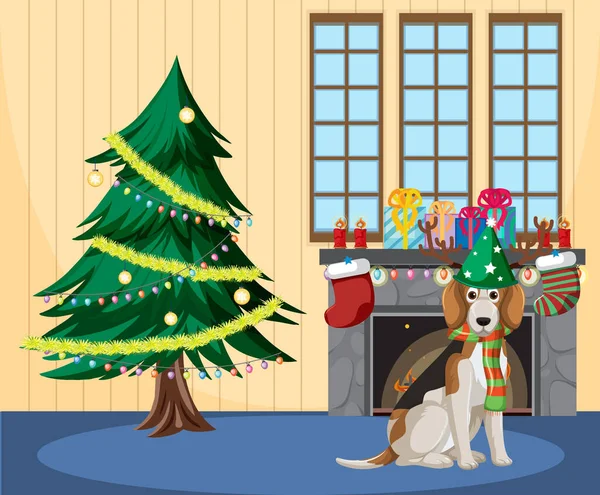 Weihnachtsferien Mit Weihnachtsbaum Kamin Illustration — Stockvektor