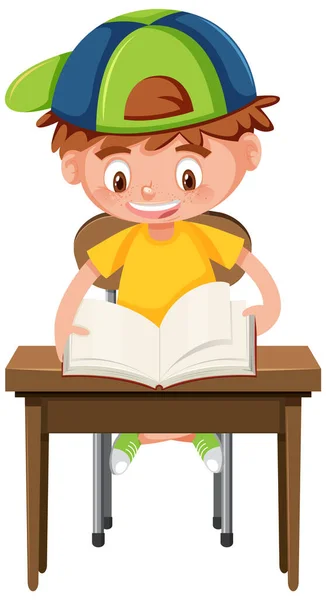 Boy Reading Book School Desk Illustration — ストックベクタ