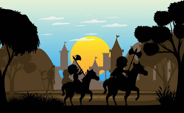 Silhouet Scene Met Middeleeuwse Illustratie — Stockvector