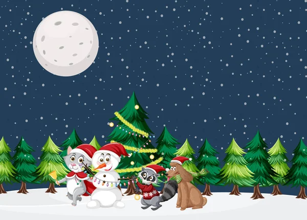 Christmas Theme Snowman Animals Illustration — Stock Vector