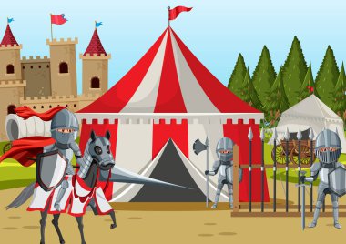 Ortaçağ ordu kampı sahnesinde zırhlı şövalye ata biniyor.