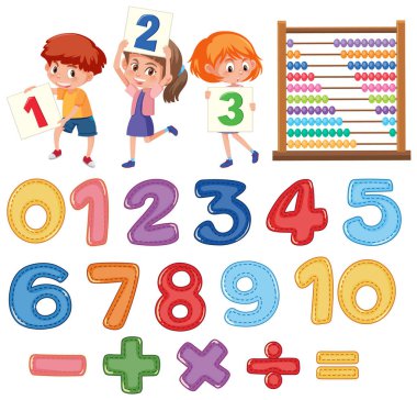 0 'dan 9' a kadar sayma ve matematik sembolleri resimleme