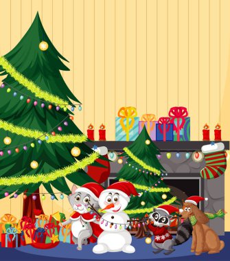 Kardan adam ve evcil hayvan resimleriyle Noel tatili