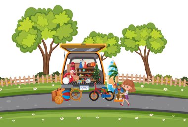 Park illüstrasyonunda oyuncak alan kız