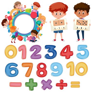 0 'dan 9' a kadar sayma ve matematik sembolleri resimleme