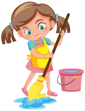 Beyaz arkaplan illüstrasyonunda yerleri paspaslayan kız