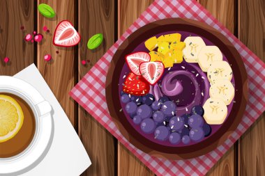 Üst Manzara Acai yemek kasesi ve ahşap masa illüstrasyonunda yer.
