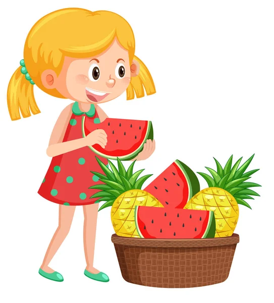 Κορίτσι Καλάθι Φρούτων Λευκό Φόντο Εικονογράφηση — Διανυσματικό Αρχείο