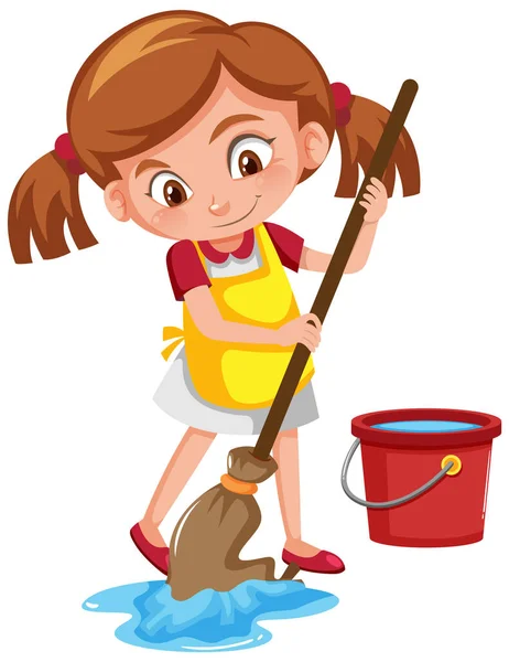 Girl Mopping Floor White Background Illustration — ストックベクタ