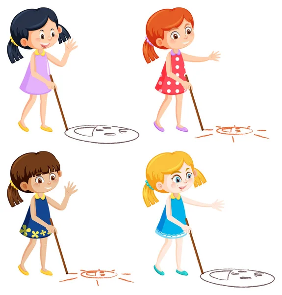Set Different Four Girls Drawing Smile Face Ground Illustration — ストックベクタ