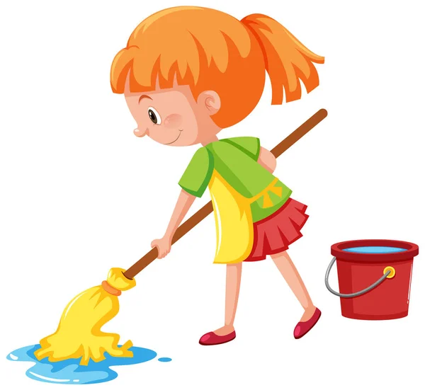 Girl Mopping Floor White Background Illustration — ストックベクタ