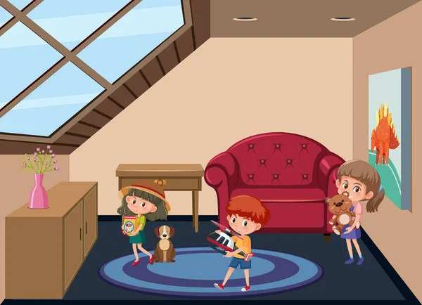 客厅场景 带有儿童卡通人物插图 — 图库矢量图片