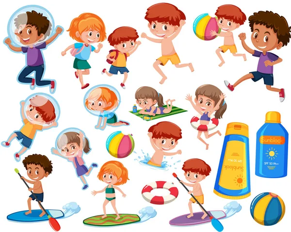 Samling Många Barn Som Gör Olika Aktiviteter Illustration — Stock vektor