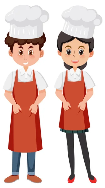 Male Female Chefs Red Apron Illustration — Stock Vector