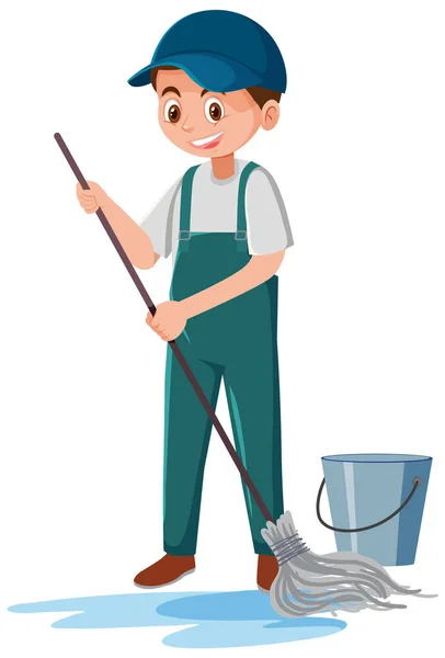 Pria Petugas Kebersihan Membersihkan Ilustrasi Lantai - Stok Vektor