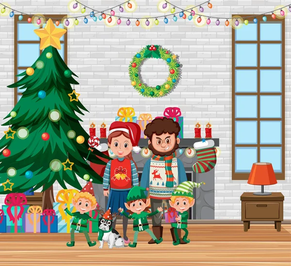 Familj Juldagen Hemma Illustration — Stock vektor