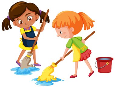 Beyaz arkaplan illüstrasyonunda yerleri paspaslayan kız