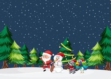 Noel Baba ve Kardan Adam illüstrasyonuyla Noel tatili