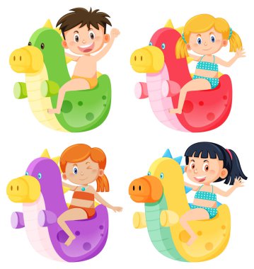 Mayo giyen mutlu çocuk ve kız şişme dinozor resimlerinin yanında.