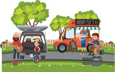 Bahçe satışında enstrüman çalan insanlar