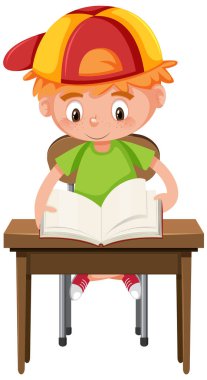 Çocuk okul masasında kitap okuyor.