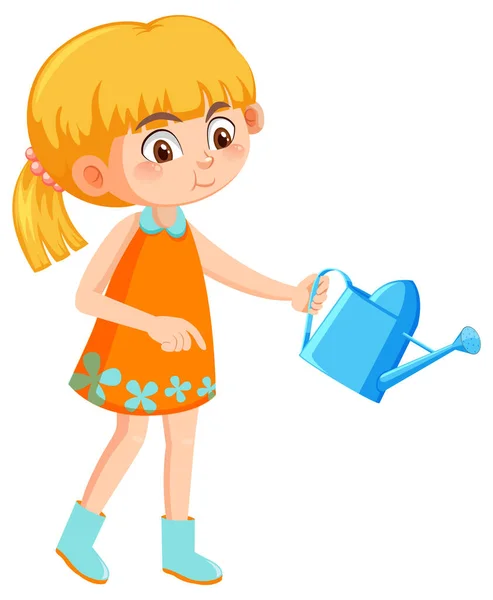 Girl Orange Dress Holding Watering Pot Illustration — ストックベクタ