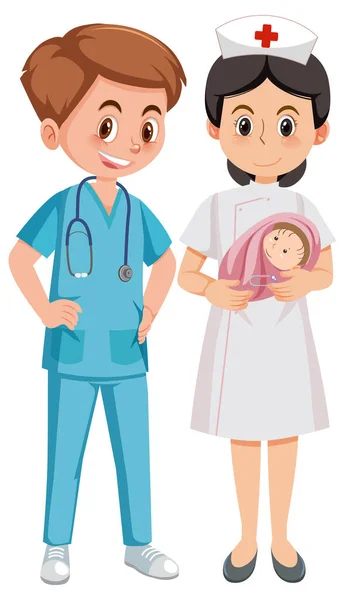 Doctor Verpleegkundige Met Pasgeboren Baby Illustratie — Stockvector