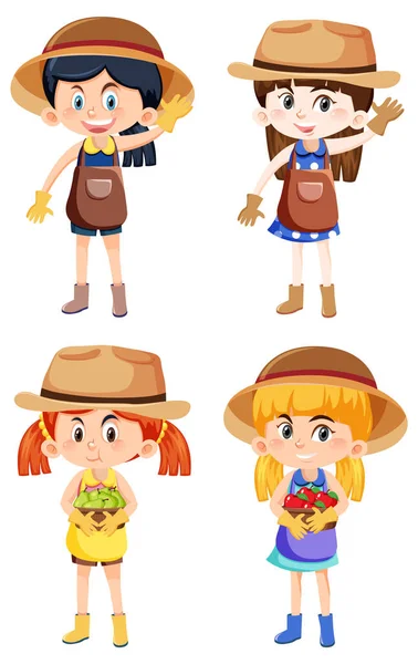 Set Different Four Girls Gardening Outfits Illustration — ストックベクタ