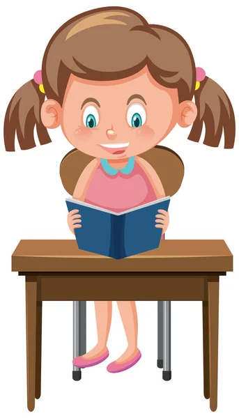 Okul Masasında Kitap Okuyan Bir Kız — Stok Vektör