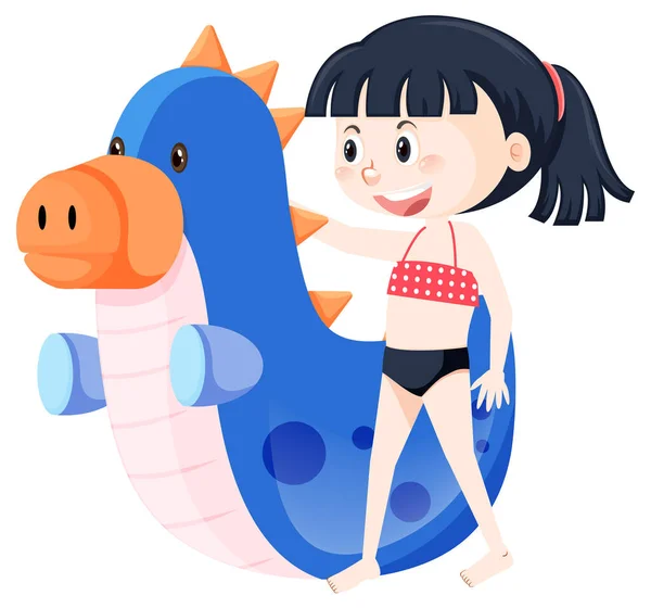 Girl Swimwear Next Inflatable Dinosaur Illustration — Stock Vector