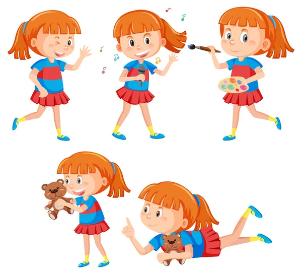 Set Happy Girl Cartoon Character Illustration — ストックベクタ
