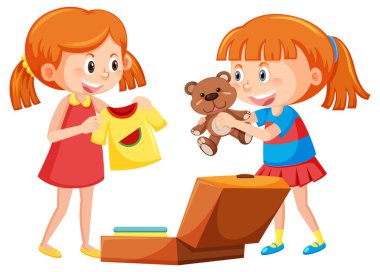 Bavul illüstrasyonunda kıyafet katlayan tatlı bir kız.