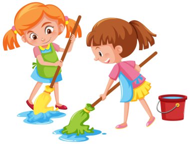 Beyaz arkaplan illüstrasyonunda yerleri paspaslayan kız