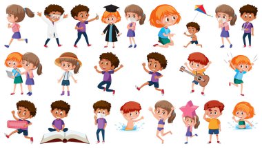 Beyaz arkaplan illüstrasyonunda farklı aktiviteler yapan bir grup çocuk