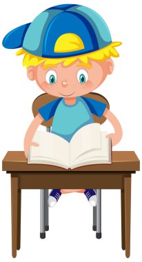 Çocuk okul masasında kitap okuyor.