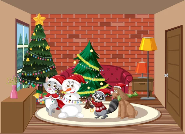 Χριστούγεννα Διακοπές Χιονάνθρωπο Και Κατοικίδια Ζώα Εικονογράφηση — Διανυσματικό Αρχείο