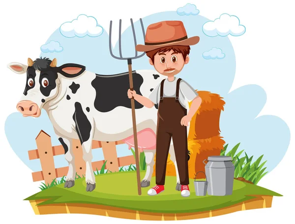 Agriculteur Avec Vache Illustration Lait — Image vectorielle