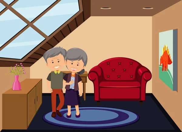 Garret Room Scene Old Couple Cartoon Character Illustration — Vector de stock
