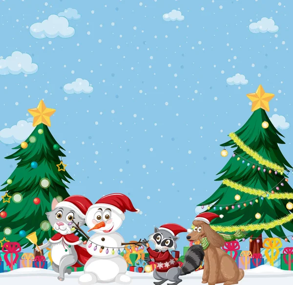 Tema Navidad Con Muñeco Nieve Animales Ilustración — Vector de stock