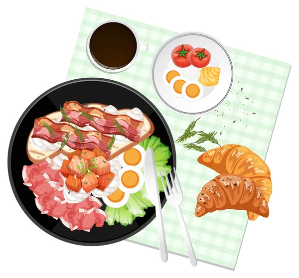 Ovanifrån Mat Set Croissant Och Placemat Vit Bakgrund Illustration — Stock vektor