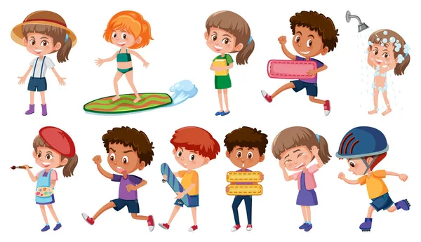 Conjunto Niños Haciendo Diferentes Actividades Sobre Fondo Blanco Ilustración — Vector de stock