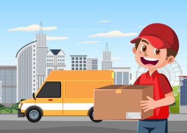 Kasaba illüstrasyonunda paket getiren teslimatçı.